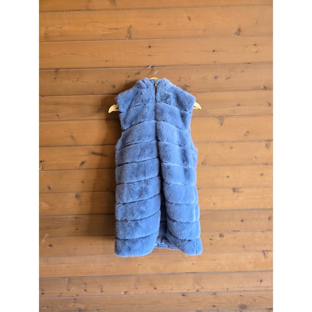 Jayley Gilet Vest Faux Fur Hooded Coat Blue OS Jacket Mini Dress Top Outerwear - Picture 2 of 5